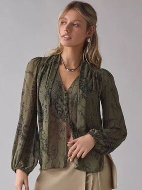 Brand New! Urban Outfitters Sheer Neck Tie Blouse, Hunter Green/Black, Size XL